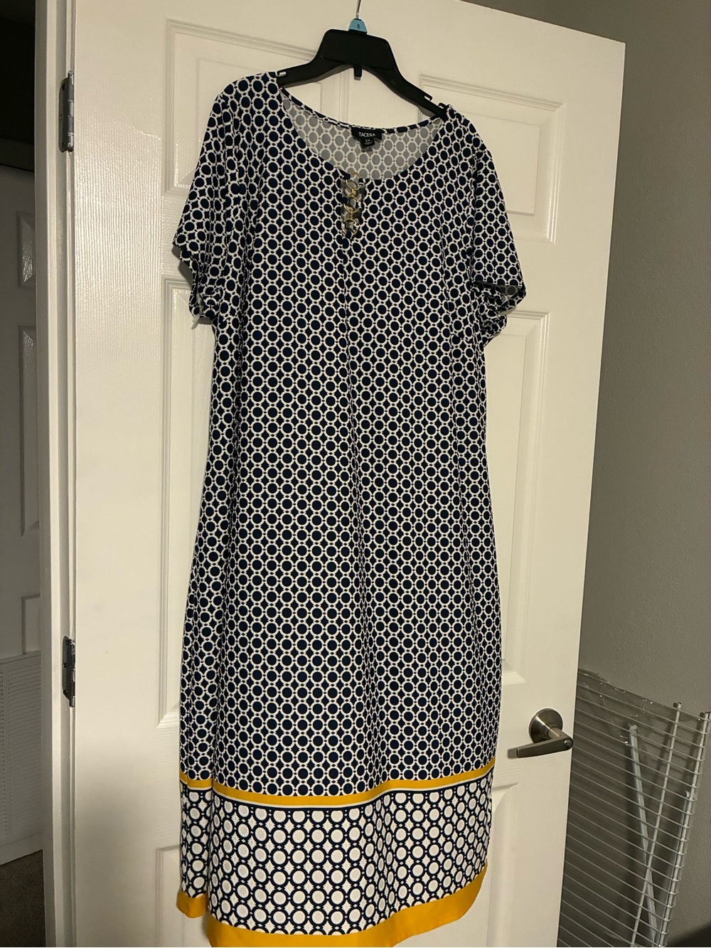 Geometric Navy Midi Dress with Yellow Hem